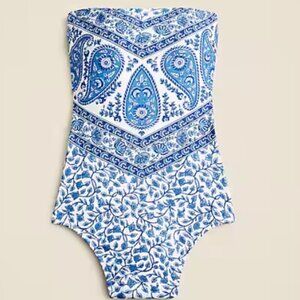 J Crew Long Torso Gemma Ruched Bandeau One Piece Swimsuit in Bandana Block Print
